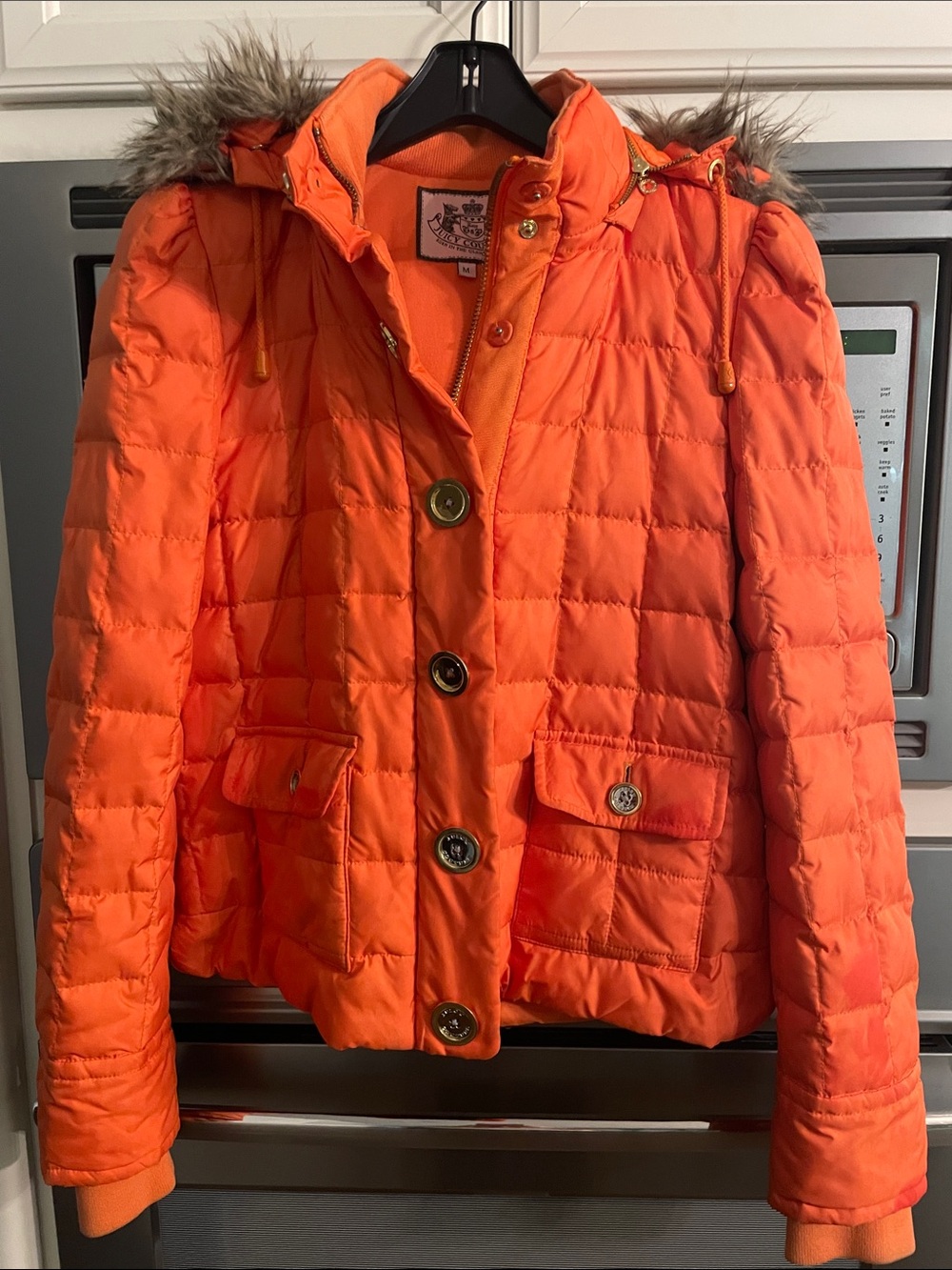 Juicy Couture Bright Orange Quilted Hooded Puffer with Faux Fur Trim
